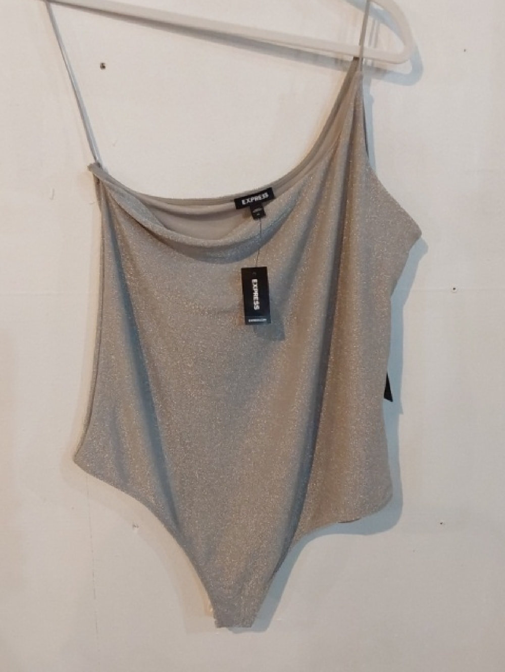 Express |Women's Shimmery Silver One-Shoulder Body Suit Sparkle Edgy Mod Sz.XL